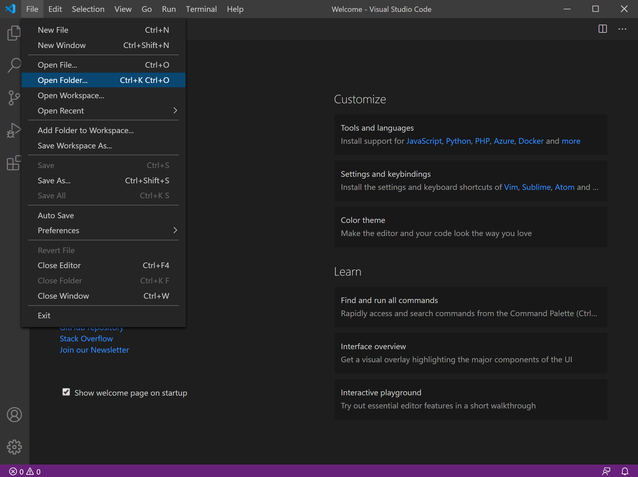 start visual studio code open